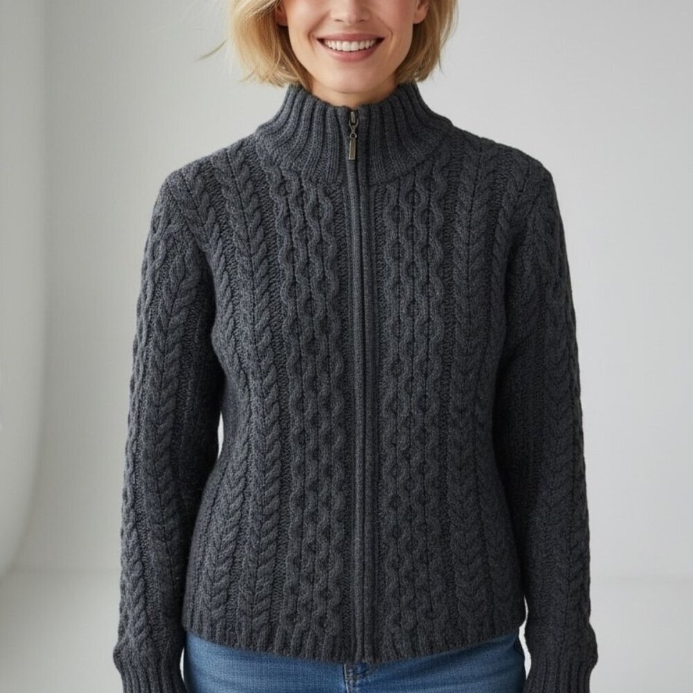 Inis Crafts Irish Merino Wool Cable Knit Zip Sweater Charcoal Gray Size Small